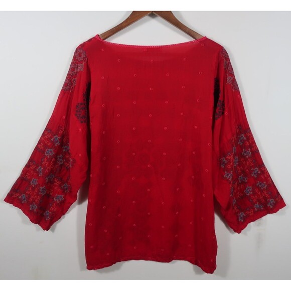 Johnny Was Red Rayon Embroidered Aztec Geometric Bohemian Tunic Top Shirt Large - Picture 8 of 9